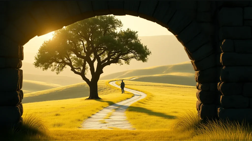Un arco rocoso enmarca un campo sereno