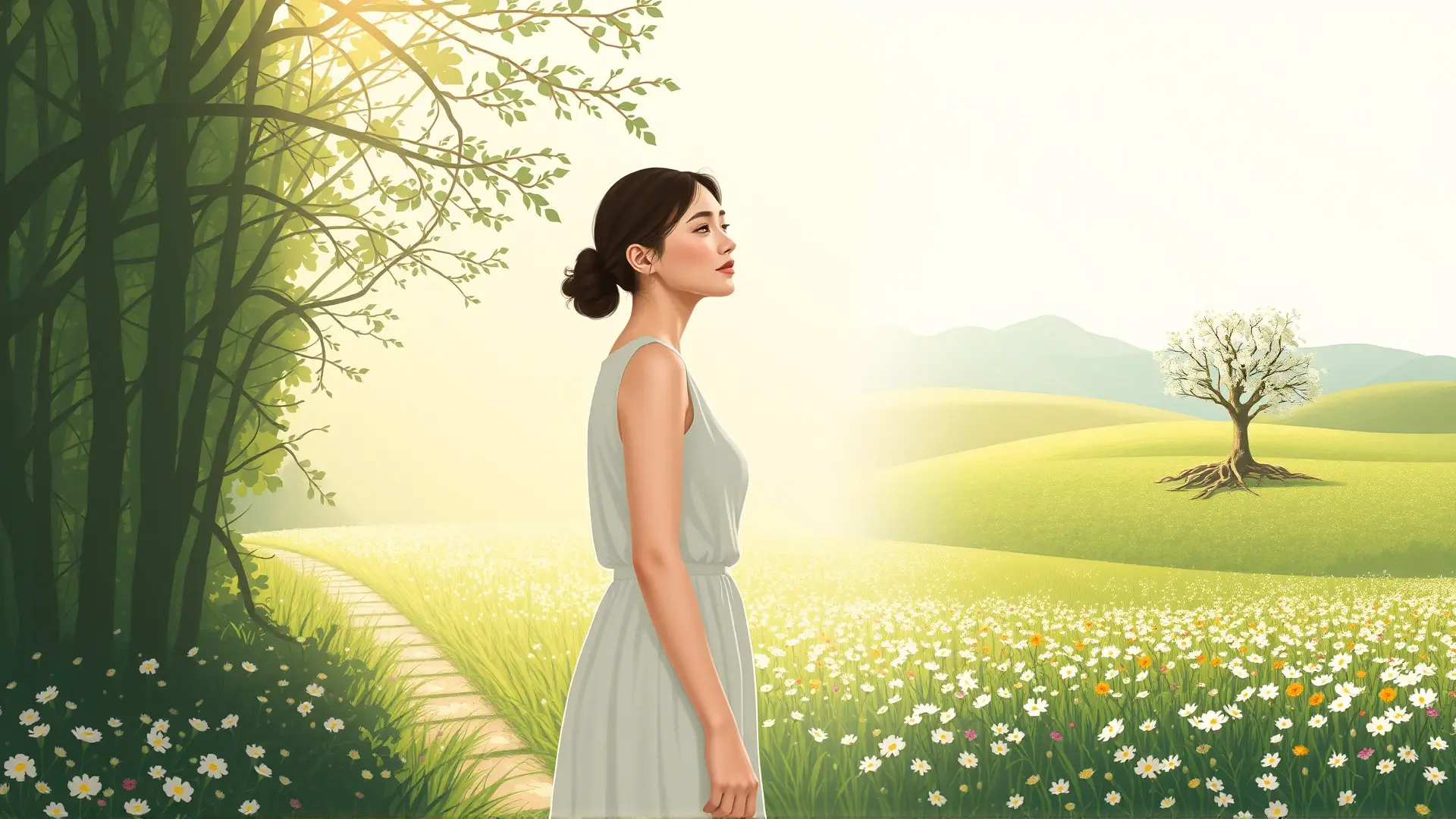 Una mujer emerge a un campo soleado